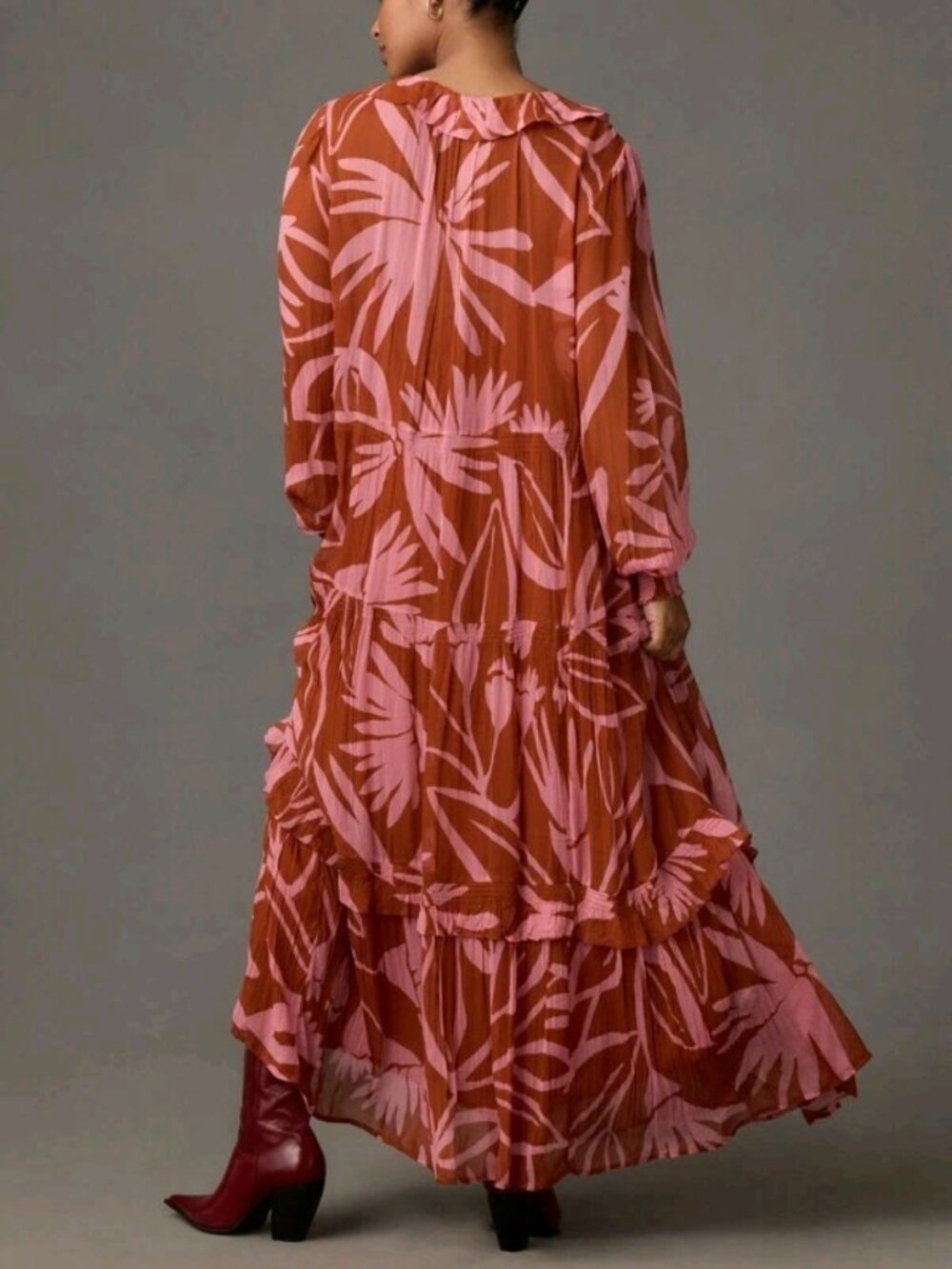 Anthropologie Marais Printed Chiffon Maxi Dress XL Pink Orange Boho Tiered Flow - Picture 2 of 15